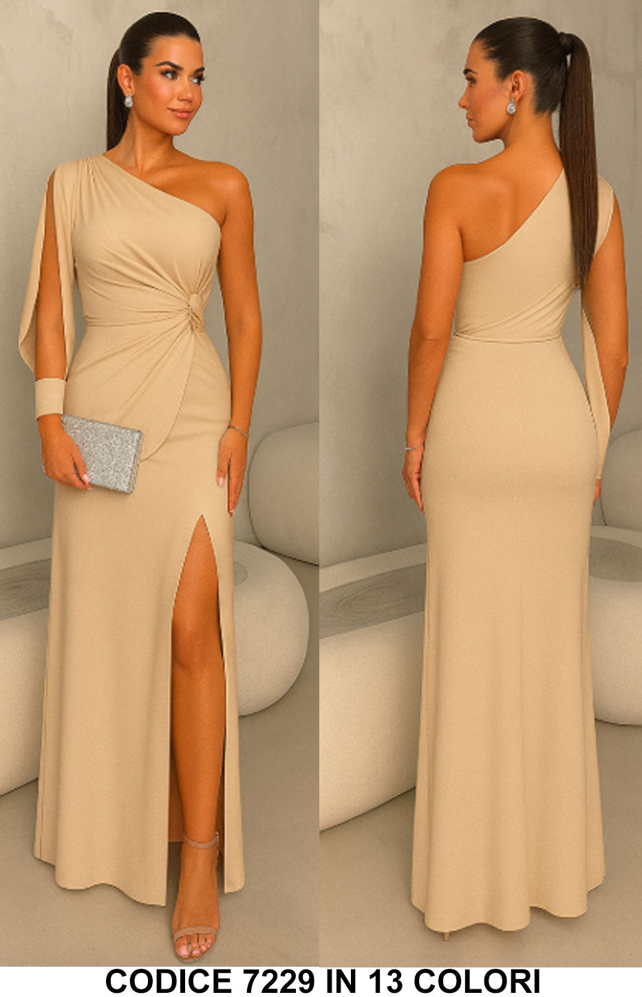 Abito Lungo Elegante da Cerimonia Monospalla Manica Aperta Spacco Laterale Vestito Serata in 8 Colori - 7229