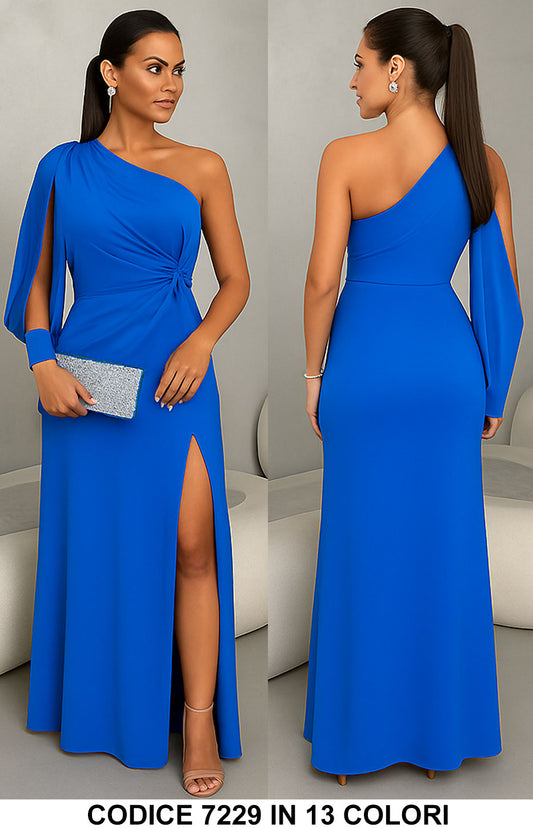 Abito Lungo Elegante da Cerimonia Monospalla Manica Aperta Spacco Laterale Vestito Serata in Blu Elettrico - 7229Out