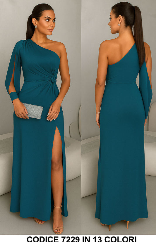 Abito Lungo Elegante da Cerimonia Monospalla Manica Aperta Spacco Laterale Vestito Serata in 12 Colori - 7229