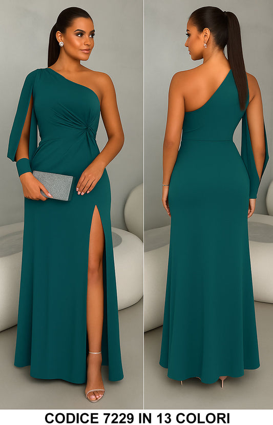 Abito Lungo Elegante da Cerimonia Monospalla Manica Aperta Spacco Laterale Vestito Serata in 8 Colori - 7229