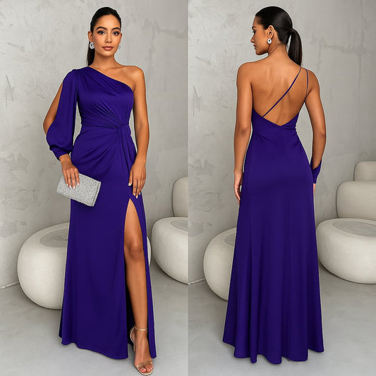 Abito Lungo Elegante da Cerimonia Monospalla Manica Aperta Spacco Laterale Vestito Serata in 14 Colori - 7229
