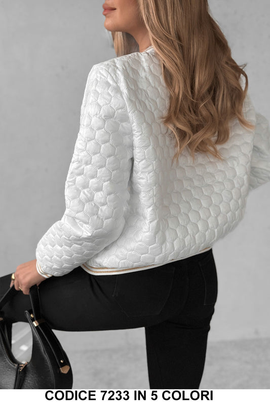 Giubbotto Bomber Effetto Trapuntato Strisce Laterali Beige Giubbino Girocollo Stile Collage in 5 Colori - 7233