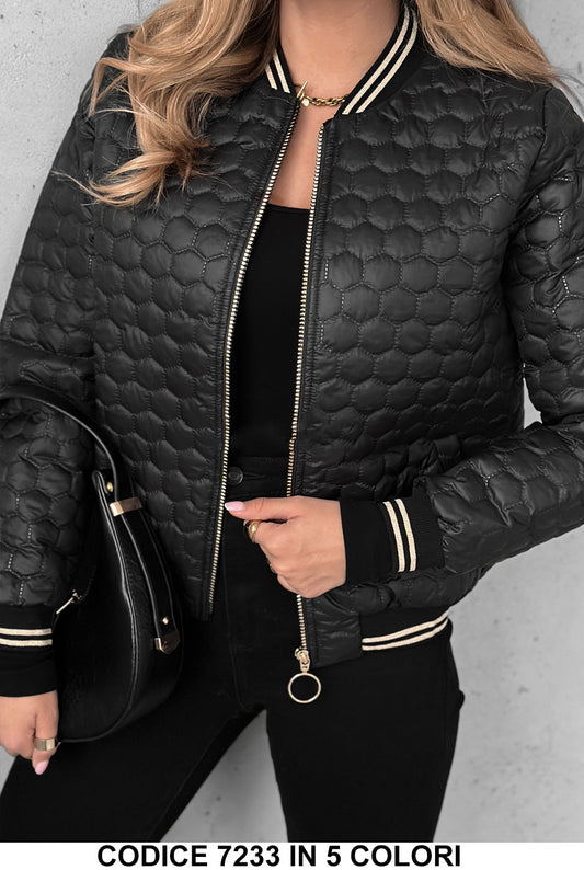 Giubbotto Bomber Effetto Trapuntato Strisce Laterali Beige Giubbino Girocollo Stile Collage in 5 Colori - 7233