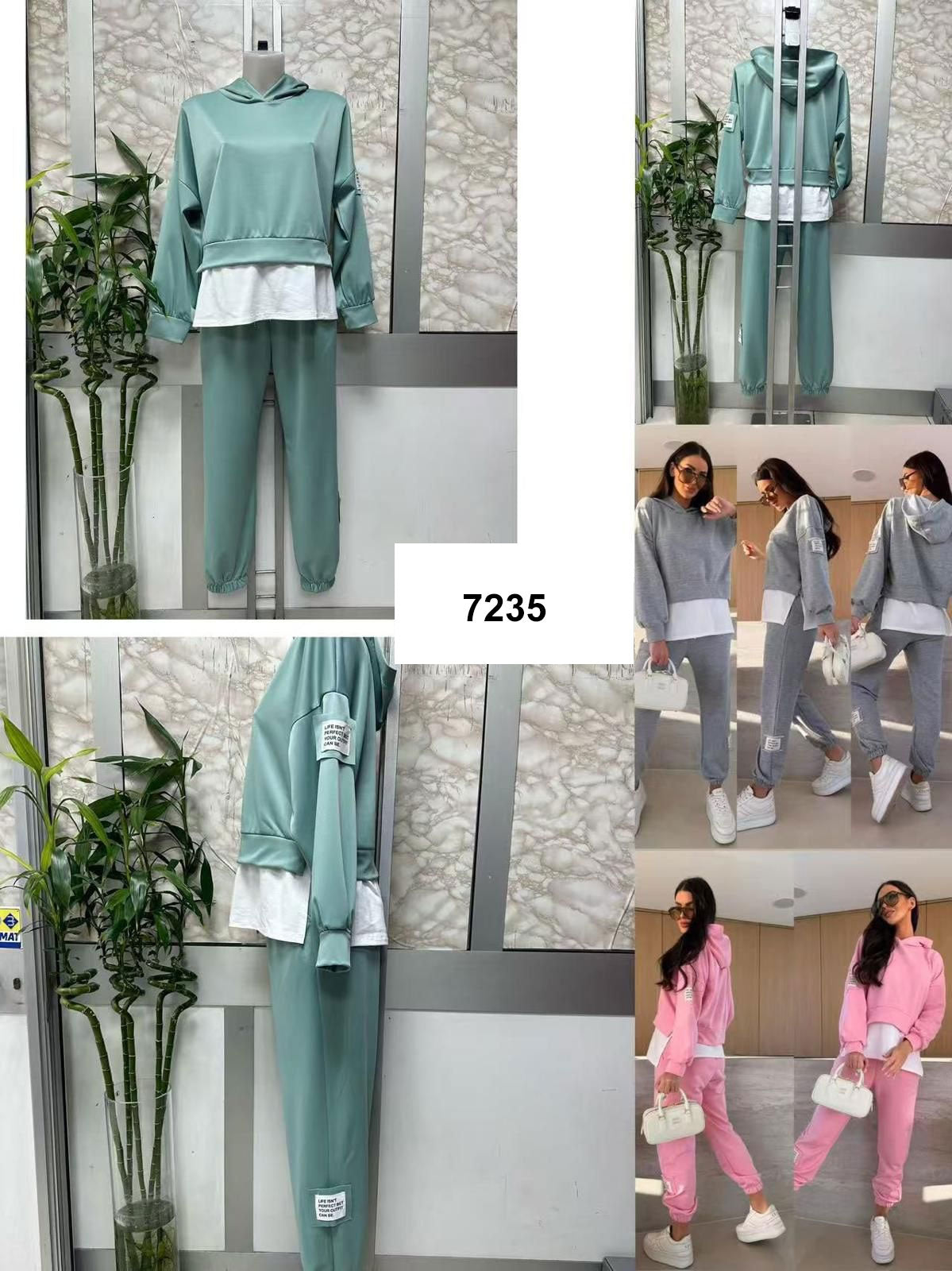Completo Casual Felpa con Cappuccio Pantalone Elastico Coordinato Targhetta Scritta in 3 Colori - 7235
