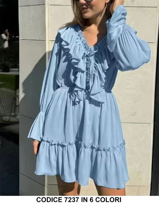 Abito Corto Casual con Balza Manica Campana Rouche alla Scollatura Vestito Romantico in 6 Colori - 7237
