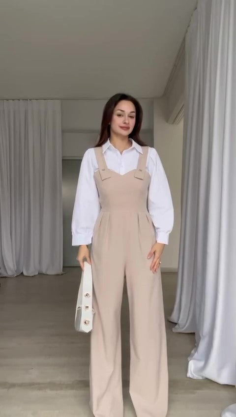 Tuta Elegante Intera Effetto Camicia Bianca Jumpsuit Casual con Bretelle Pantalone Palazzo in 3 Colori - 7239