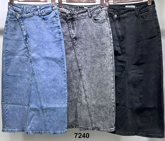 Gonna Jeans Lunga Casual con Chiusura Obliqua Gonne Asimmetriche in 3 Colori - 7240
