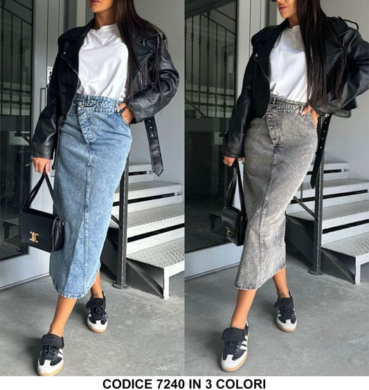 Gonna Jeans Lunga Casual con Chiusura Obliqua Gonne Asimmetriche in 3 Colori - 7240