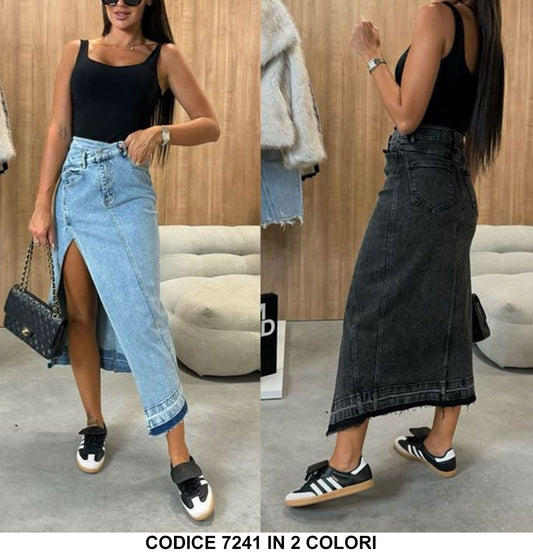 Gonna Jeans Lunga Casual con Chiusura Obliqua Spacco Laterale Finale con Frange in 2 Colori - 7241