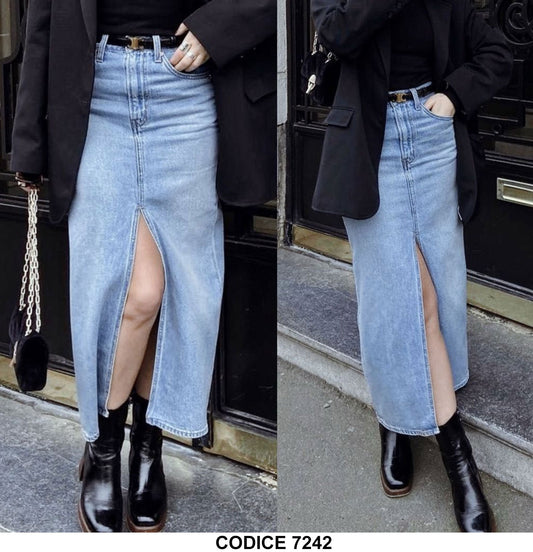 Gonna Jeans Lunga Casual Spacco Centrale Finale Gonne Denim Blu - 7242