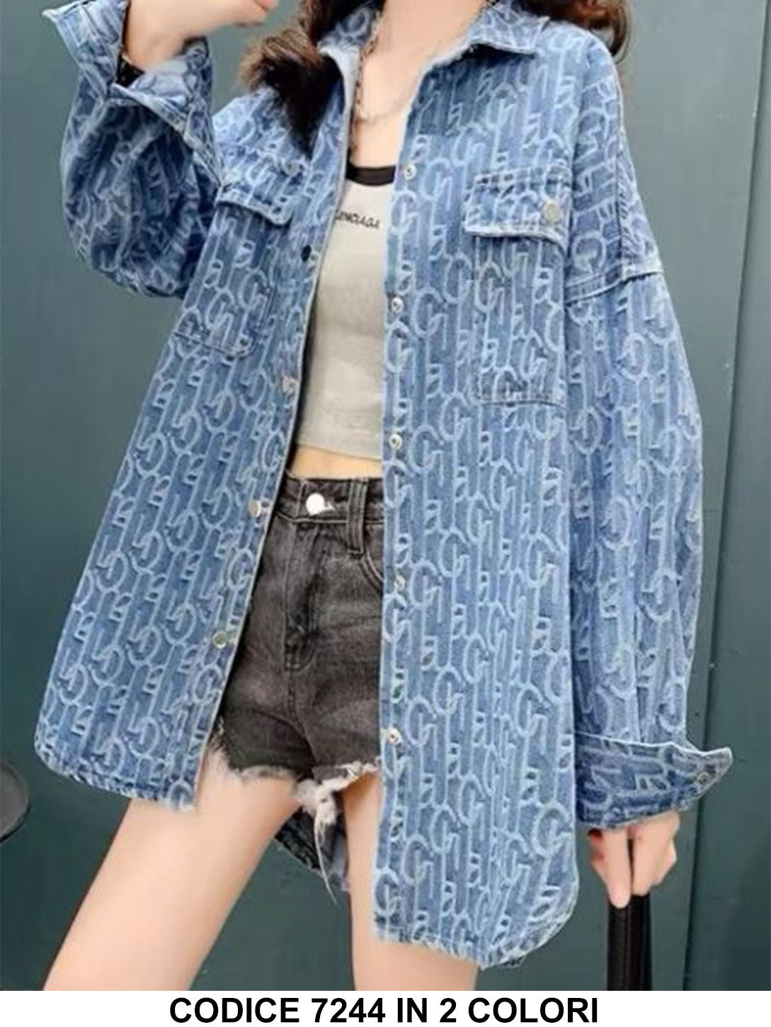 Camicia Lunga in Jeans con Tasche Stampa Astratta Camicie Fashion Casul in Celeste o Blu - 7244
