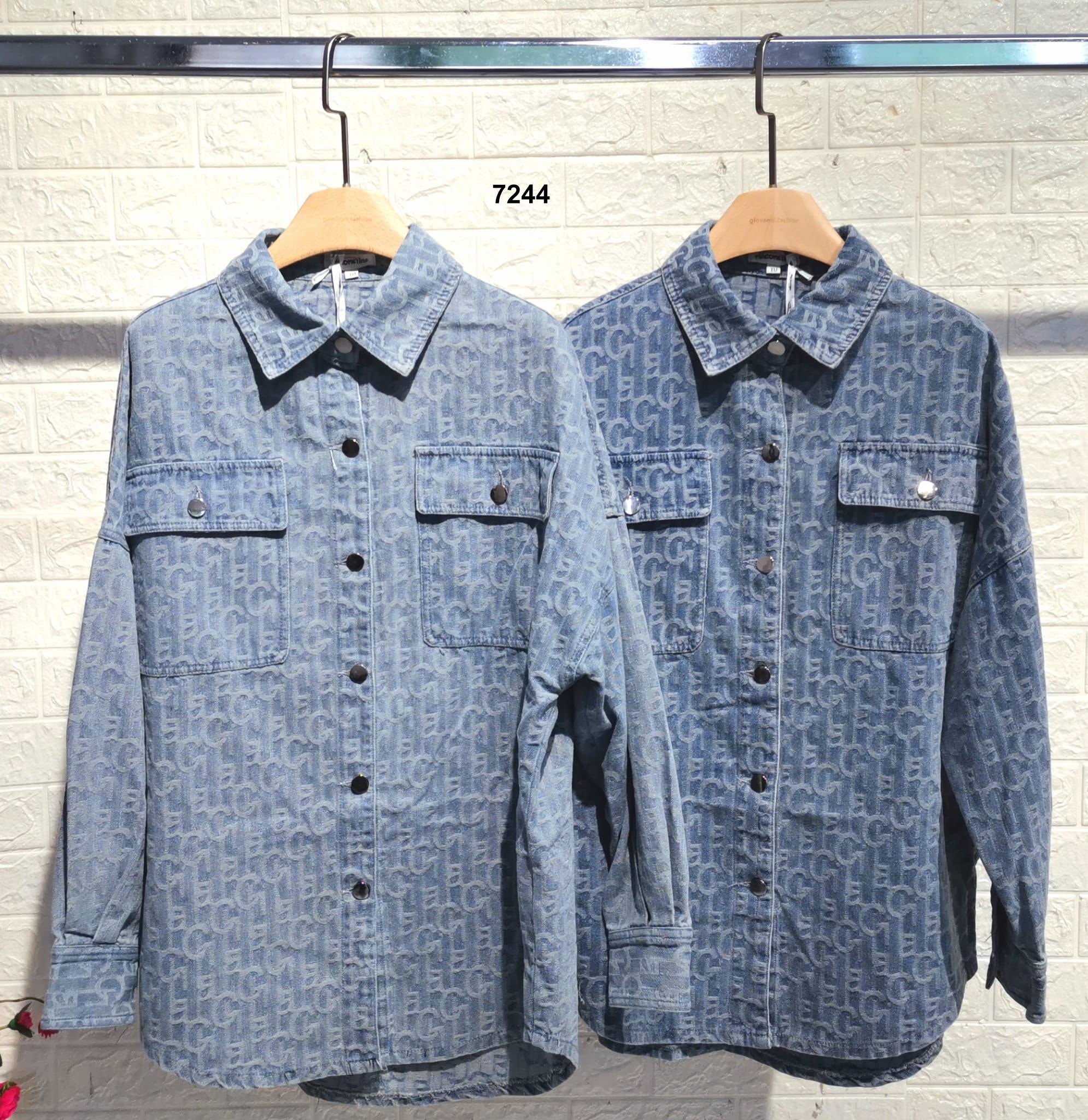 Camicia Lunga in Jeans con Tasche Stampa Astratta Camicie Fashion Casul in Celeste o Blu - 7244