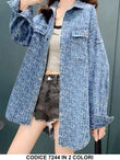 Camicia Lunga in Jeans con Tasche Stampa Astratta Camicie Fashion Casul in Celeste o Blu - 7244
