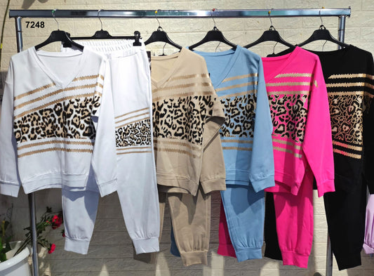 Completo Felpa Stampa Animalier Oro Dorata Pantalone Elastico Coordinato Tuta Sportiva in 5 Colori - 7248