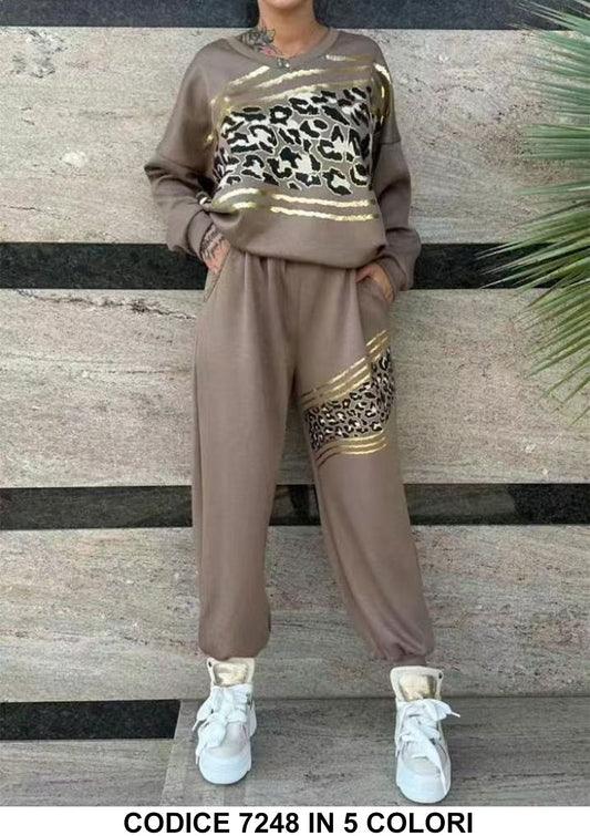 Completo Felpa Stampa Animalier Oro Dorata Pantalone Elastico Coordinato Tuta Sportiva in 5 Colori - 7248