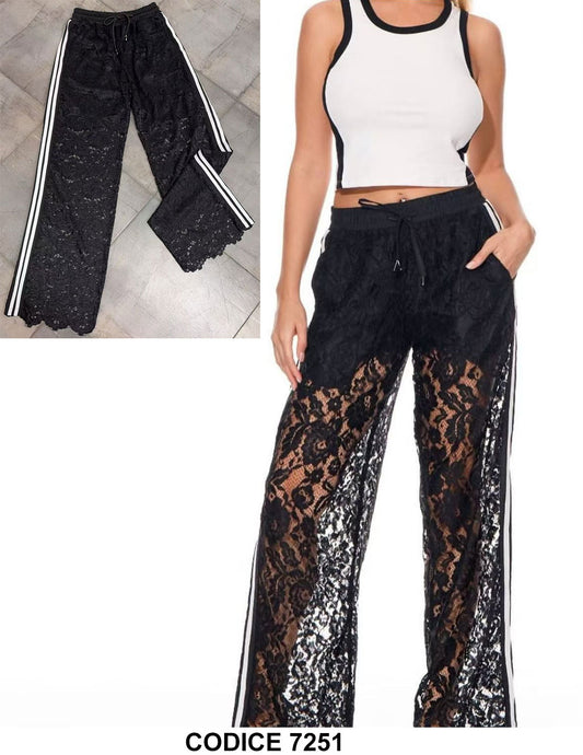 Pantalone Donna Nero Semi Trasparente Stampa Floreale Fascie Bianche Laterali Pantaloni Merletto Pizzo - 7251