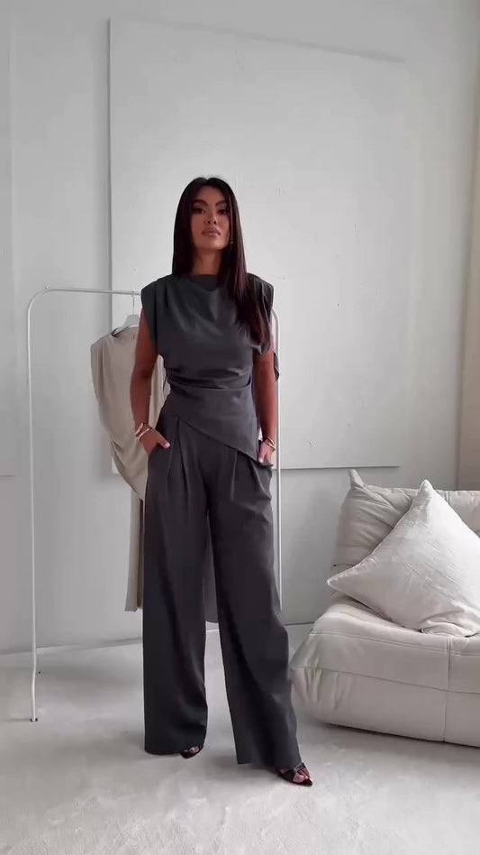Completo Maglia Smanicata Asimmetrica Pantalone Palazzo Coordinato Casual in 6 Colori - 7254