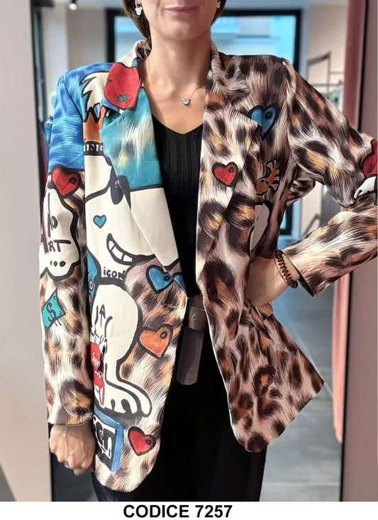 Giacca Donna Blazer Cartoon Trama Animalier Fumetto Snoopy King GIacche Casual - 7257