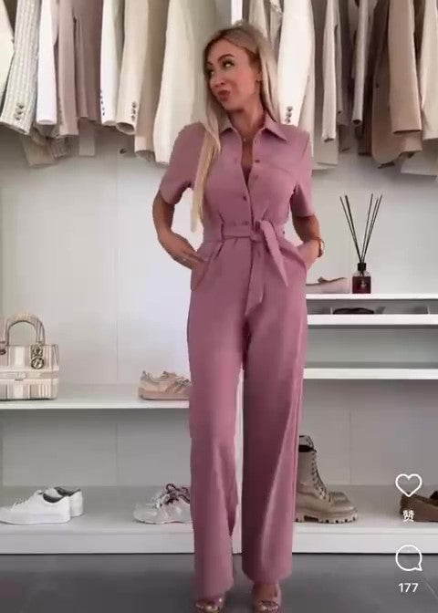Tuta Intera Elegante con Colletto e Fascia in Vita Jumpsuit Casual Pantalone Palazzo in Bianco - 7268Out