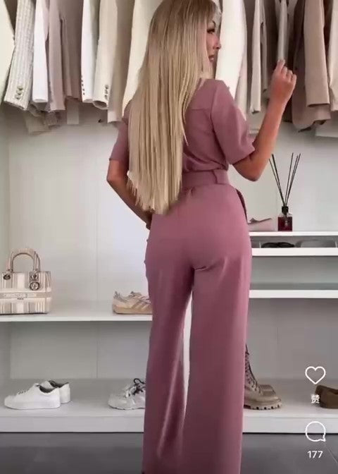Tuta Intera Elegante con Colletto e Fascia in Vita Jumpsuit Casual Pantalone Palazzo in Bianco - 7268Out