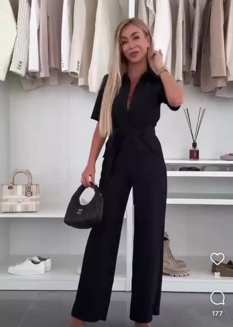 Tuta Intera Elegante con Colletto e Fascia in Vita Jumpsuit Casual Pantalone Palazzo in Bianco - 7268Out