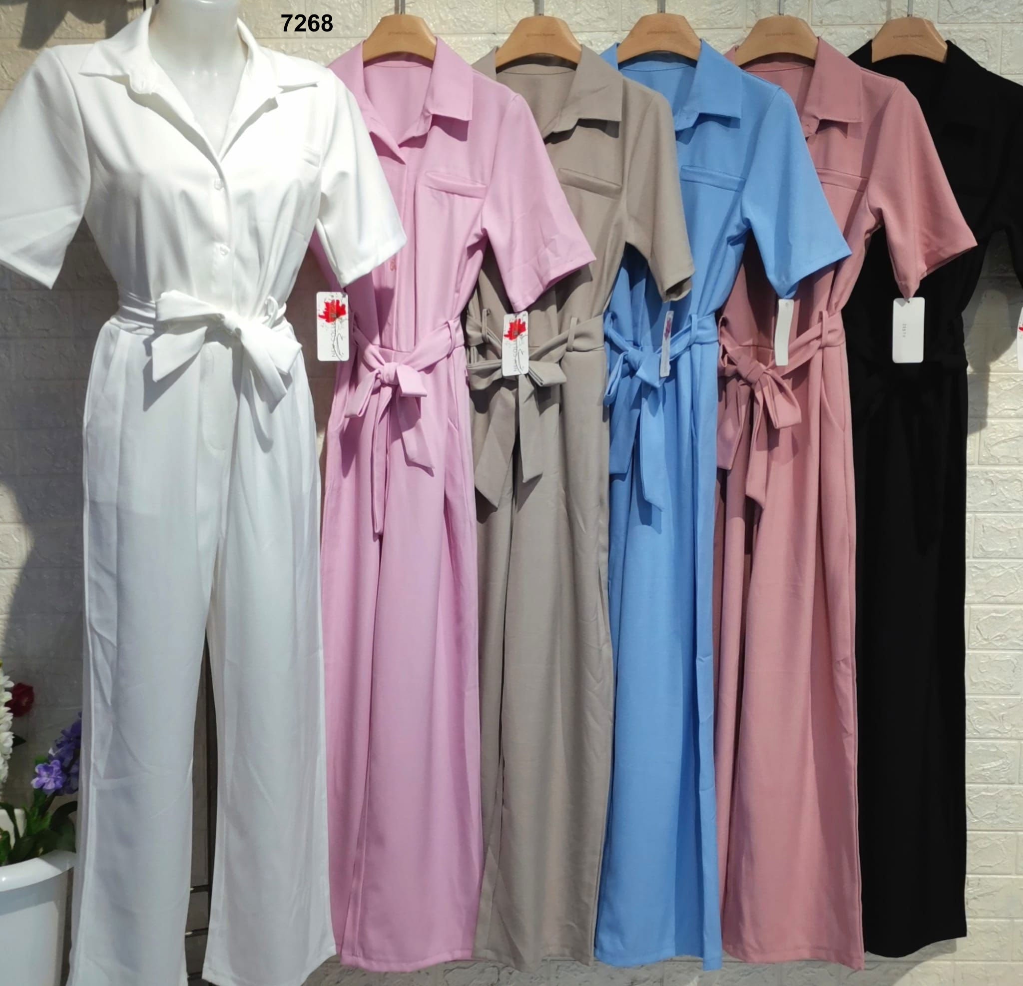 Tuta Intera Elegante con Colletto e Fascia in Vita Jumpsuit Casual Pantalone Palazzo in Bianco - 7268Out