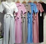 Tuta Intera Elegante con Colletto e Fascia in Vita Jumpsuit Casual Pantalone Palazzo in Bianco - 7268Out