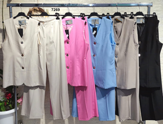 Completo Casual Maglia Smanicata Lunga Bottoni Gioiello Pantaloni Palazzo Coordinato Tailleur in 5 Colori - 7269