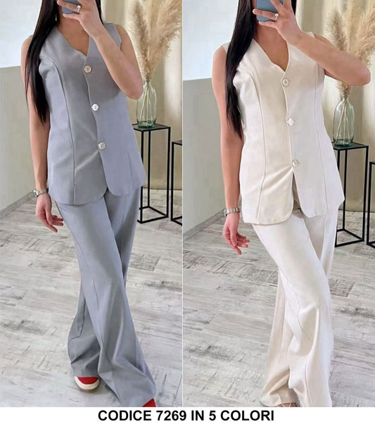 Completo Casual Maglia Smanicata Lunga Bottoni Gioiello Pantaloni Palazzo Coordinato Tailleur in 5 Colori - 7269