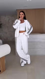 Tuta Sportiva Felpa con Zip e Cappuccio Pantalone Palazzo Coordinato Completo Righe Bianco e Nere in 5 Colori - 7272