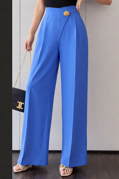 Pantalone Donna Palazzo con Bottone Gioiello Dorato Chiusura Asimmetrica Pantaloni Elastico in Celeste - 7274