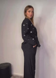 Tailleur Completo Giacca Doppiopetto Pantaloni Palazzo Applicazione Strass Completo Coordinato in 5 Colori - 7275