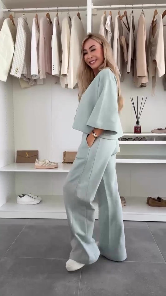 Completo Casual Maglia Corta Manica 3/4 Pantaloni Palazzo Coordinato Tuta Sportiva in 5 Colori - 7277