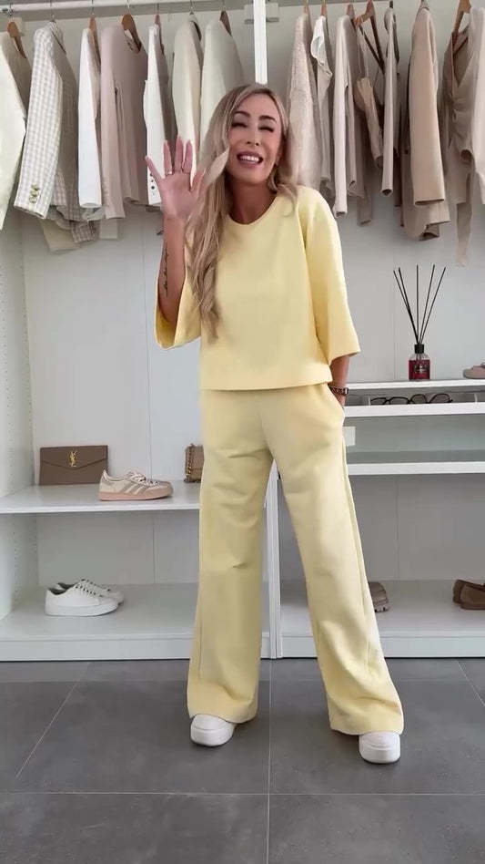 Completo Casual Maglia Corta Manica 3/4 Pantaloni Palazzo Coordinato Tuta Sportiva in 5 Colori - 7277