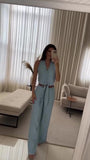 Completo Maglia Gilet Bottoni e Fascia Pantaloni Palazzo Coordinato Tailleur Casual Elegante in Beige - 7279Out