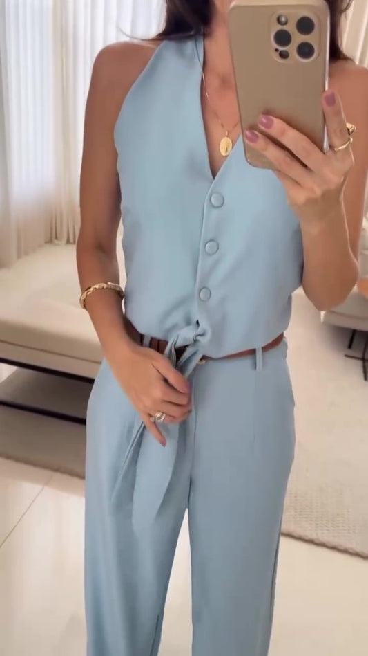 Completo Maglia Gilet Bottoni e Fascia Pantaloni Palazzo Coordinato Tailleur Casual Elegante in 5 Colori - 7279