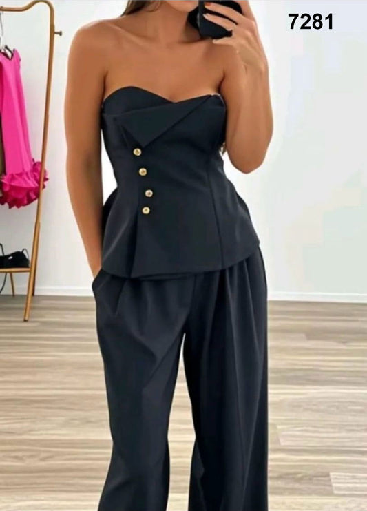 Completo Tailleur Maglia Top Bottoni Gioiello Dorati Pantaloni Palazzo Coordinato Elegante in 5 Colori - 7281