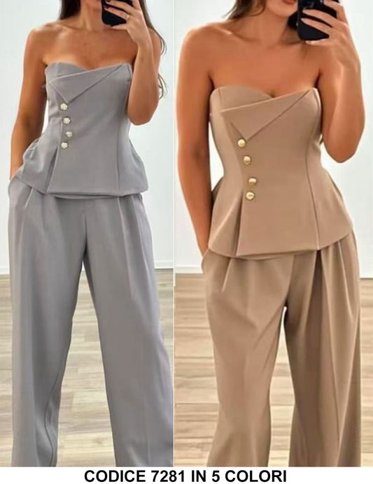 Completo Tailleur Maglia Top Bottoni Gioiello Dorati Pantaloni Palazzo Coordinato Elegante in 5 Colori - 7281