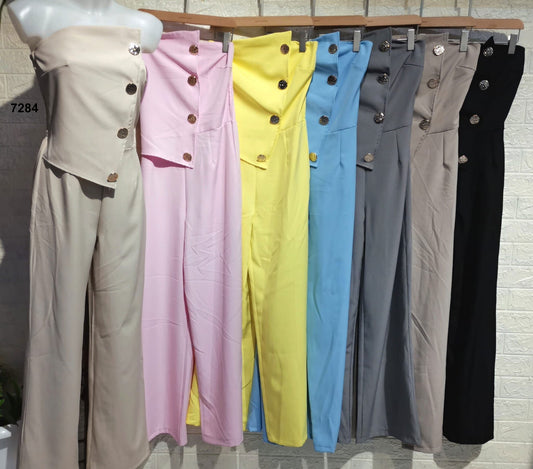 Tuta Elegante Intera Top Asimmetrico Pantalone Palazzo Jumpsuit Bottoni Gioiello Casual in 7 Colori - 7284
