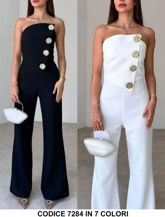 Tuta Elegante Intera Top Asimmetrico Pantalone Palazzo Jumpsuit Bottoni Gioiello Casual in 7 Colori - 7284