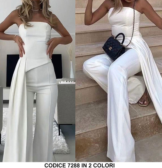 Tuta Elegante Intera Fascia Rouche Laterale Pantalone Palazzo Jumpsuit Casual in Bianco o Nero - 7288