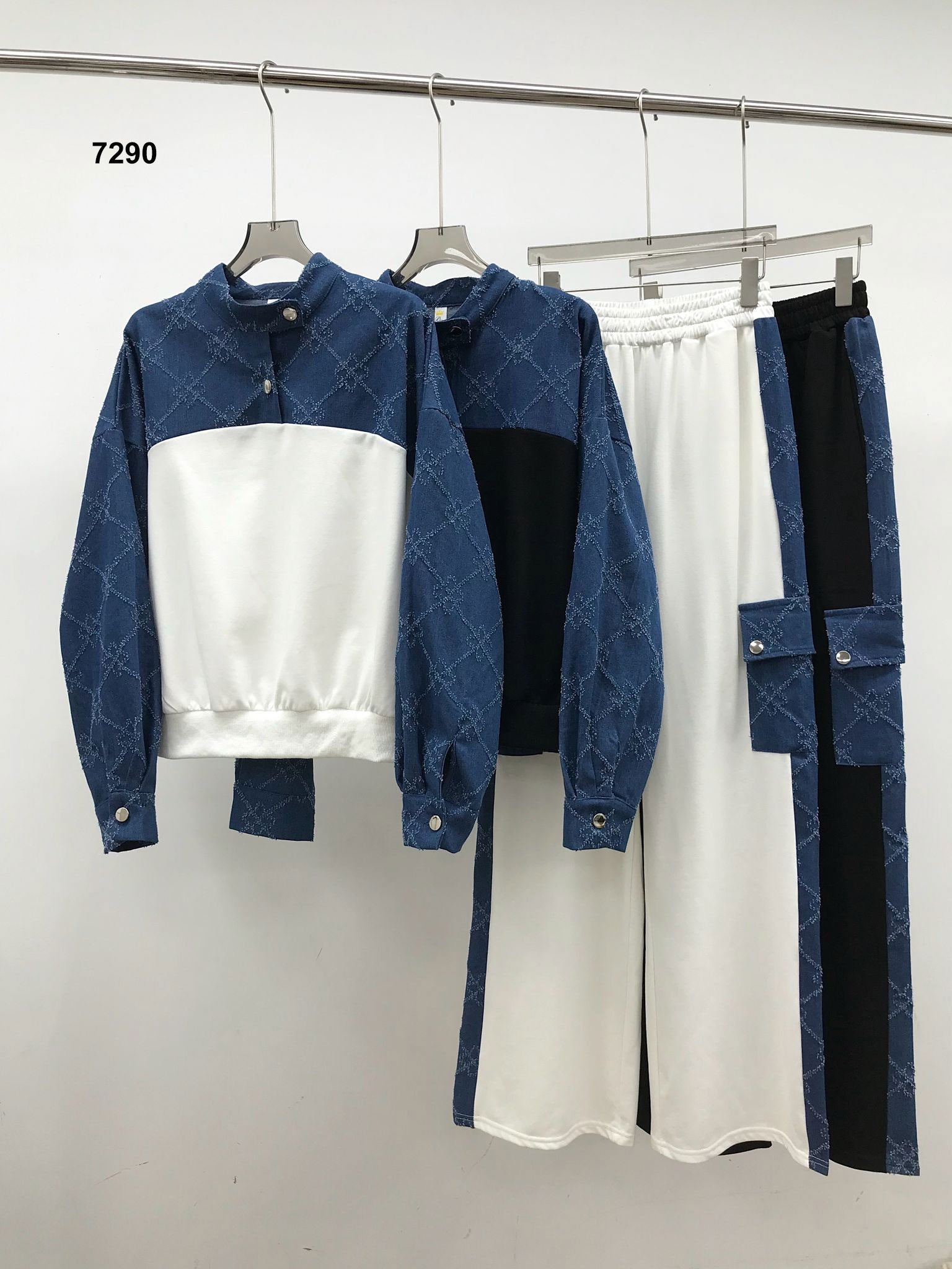 Completo Maglia con Colletto Pantalone Cargo Palazzo Particolari in Jeans Coordinato Casual in 2 Colori - 7290