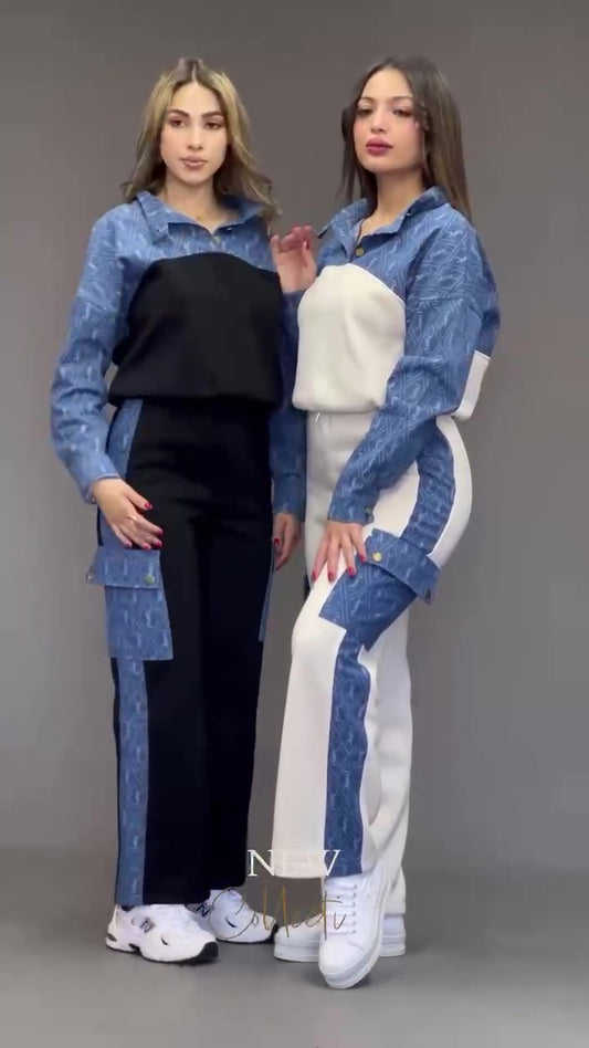 Completo Maglia con Colletto Pantalone Cargo Palazzo Particolari in Jeans Coordinato Casual in 2 Colori - 7290