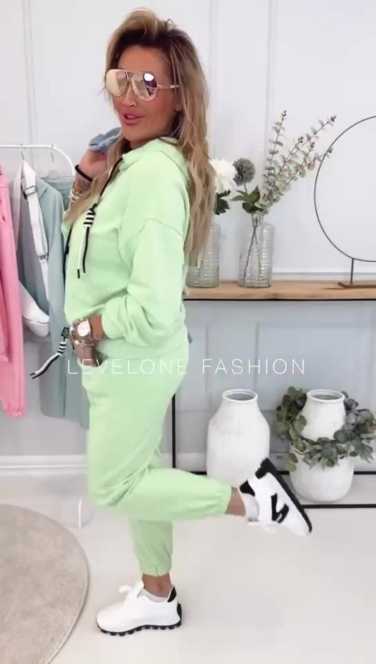 Completo Felpa con Cappuccio Laccetti Bicolore Intrecciati Pantalone Elastico Tuta Sportiva in 6 Colori - 7291