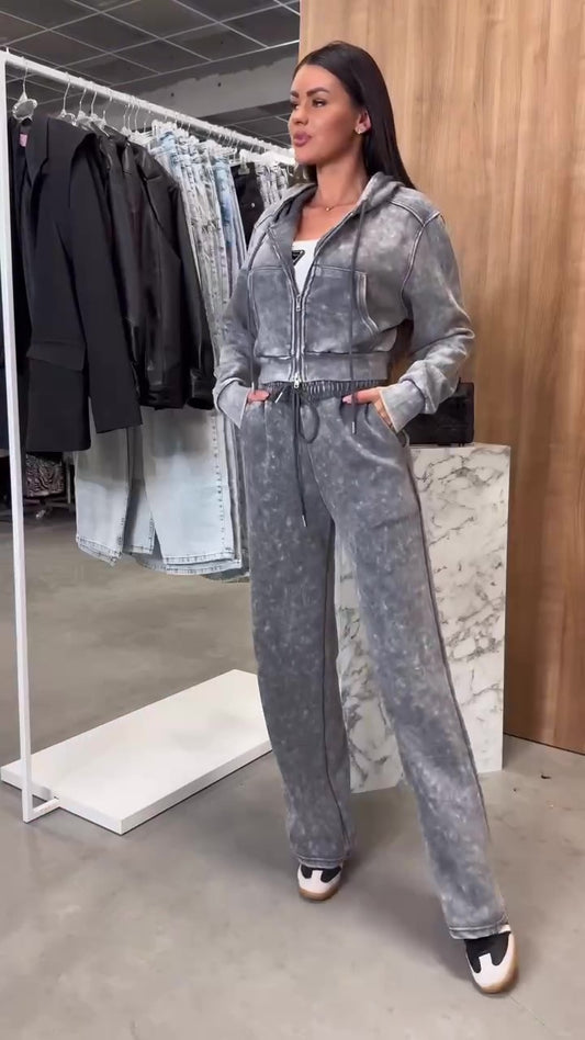 Completo Felpa Giacchetta con Cappuccio e Zip Pantalone Palazzo Coordinato Casual in 7 Colori - 7294