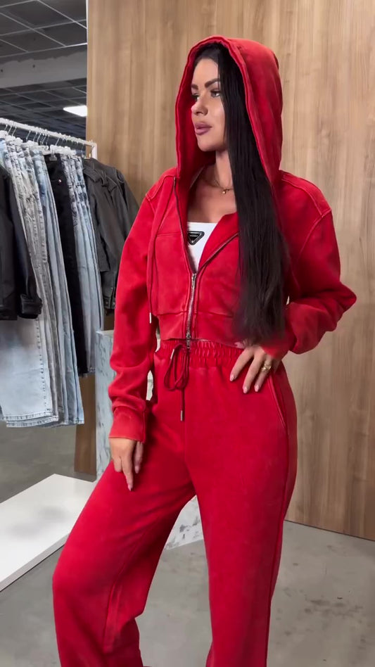 Completo Felpa Giacchetta con Cappuccio e Zip Pantalone Palazzo Coordinato Casual in 7 Colori - 7294