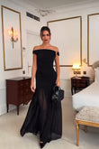 Abito Lungo Nero Elegante da Cerimonia Gonna in Velo Trasparente Vestito Stile Impero - 7297