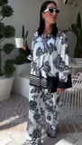 Completo Kimono Camicia Colletto Nero Pantalone Zampa Stampa Floreale Bianco e Nero Coordinato Casual - 7298