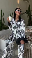 Completo Kimono Camicia Colletto Nero Pantalone Zampa Stampa Floreale Bianco e Nero Coordinato Casual - 7298