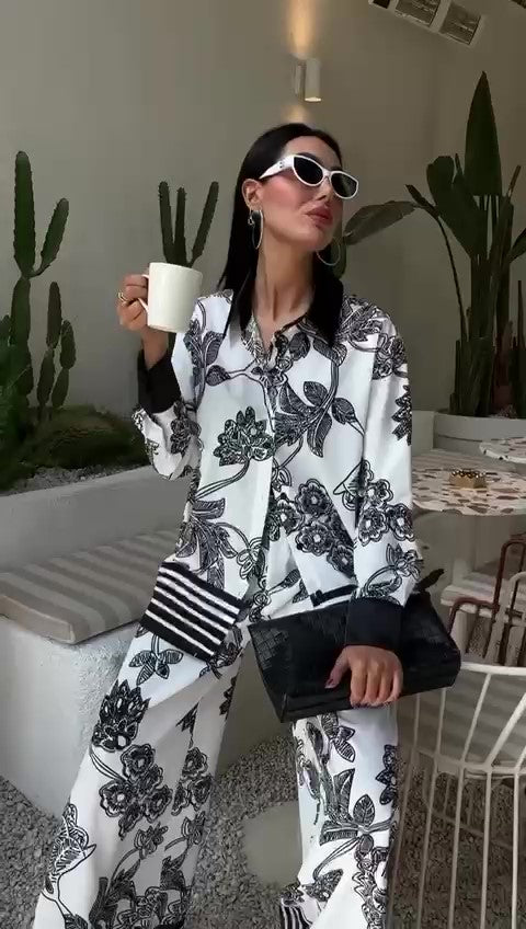Completo Kimono Camicia Colletto Nero Pantalone Zampa Stampa Floreale Bianco e Nero Coordinato Casual - 7298